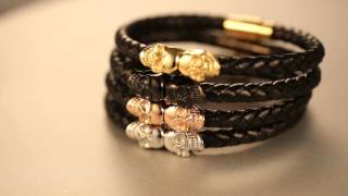 Black Genuine Leather Skeleton Skull Charm Bracelet For Men Gift Magnet Punk Jewelry