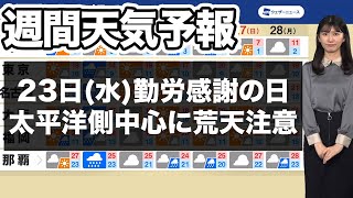 週間天気予報 23日(水)勤労感謝の日は太平洋側中心に荒天注意