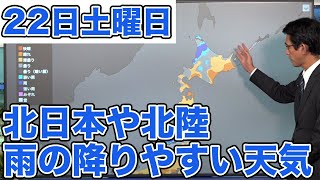 明日、北日本や北陸は前線の影響で雨の降りやすい天気
