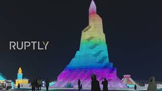 Winter Olympic-themed sculptures illuminate in annual Harbin ice sculpture festival