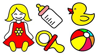 how to draw and color doll,duck,nipple,and foatball