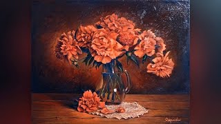 Speed Drawing Flowers Peonies Oil on Canvas Time Lapse - Цветы пионы маслом на холсте
