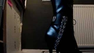 Ankle cuffed & locked on leather thigh boots