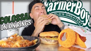 CHILLI Cheese Fries + Colossal Onion Rings + Cheeseburgers (Farmerboys Mukbang)