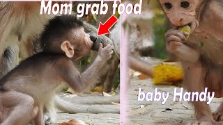 Mom...don't grab my food !! Adorable baby boy Handy want to eat hard food even if no teeth