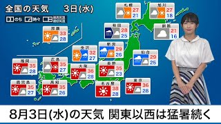 8月3日(水)　関東以西は猛暑続く　東北は非常に激しい雨に警戒