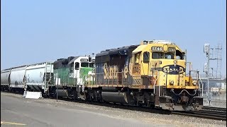 BURLINGTON NORTHERN GP-39 and SANTA FE SD-40 diesels work as shunters in Vancouver WA yard