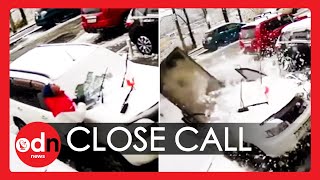 Shocking Moment Huge Concrete Slab Crushes Car, Nearly Missing Owner