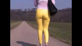 Girl In Yellow Shiny spandex leggings