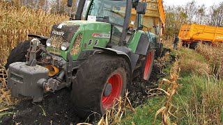 Modderen in de mais met John Deere 6850 | Fendt stuck in the mud | Chopping corn extreme