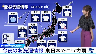 今夜のお洗濯情報 東日本ではニワカ雨