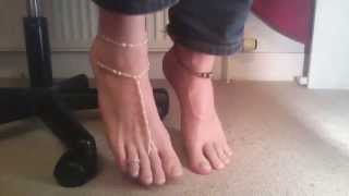 anklet, jeans, pale pink toes and soles