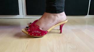 Mature feet on pink G high Heel mule