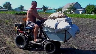 Перевозка картофеля самодельным минитрактором