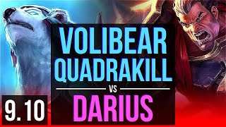 VOLIBEAR vs DARIUS (TOP) | Quadrakill, KDA 20/1/6, 5 early solo kills | EUW Diamond | v9.10