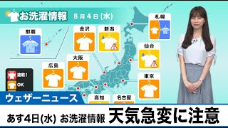 あす4日(水)お洗濯情報　天気急変に注意