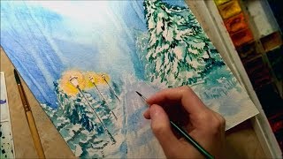 Как нарисовать зимний пейзаж. Фонари в парке.