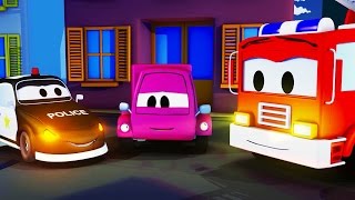 Streifenwagen Feuerwehrauto und Polizeiauto und Kleines rosa Auto in Car City| Lastwagen Cartoon