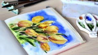 Акварель Солнечные тюльпаны.