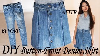 DIY Turn Your Old Jeans Into Skirt | Button Front Denim Skirt from Pants | Clothes Transformation