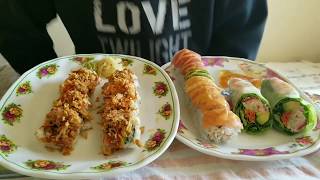 Sushi Mukbang. Crunch roll....Salmon, shrimp, tuna, avocado roll..spicy sauce . Summer roll.