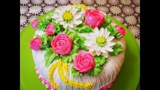МК по хризантеме , розе и бутону розы  Украшение торта кремом Cake decoration