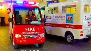 Indoor Playground with kids police car, fire truck. Family Fun play area. Nursery Rhymes Baby Songs