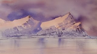 Анна Михайлова. Пейзаж акварелью "Горы, снег, вода".