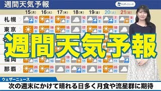 【週間天気予報】次の週末にかけて晴れる日多く、月食や流星群に期待