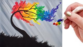 Rainbow Willow Tree Q Tip Acrylic Painting for Beginners tutorial ???