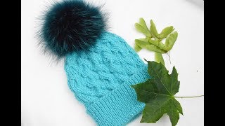 Как связать шапку спицами. Мастер класс. Шапка с косами и помпоном . Рынашко