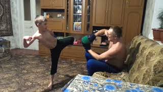 Karate, kick-boxing training with the child. Удары руками и ногами. Тренировка с сыном.