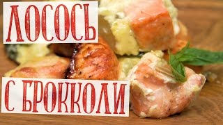 Лосось с брокколи и картофелем в сливочно-чесночном соусе запечённый в духовке.