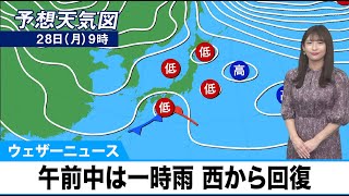 12月28日(月)の天気　午前中は関東などで一時雨、天気は西から回復