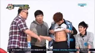 100% on Weekly Idol- Members show their abs.