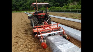 平高畝成形同時マルチ　太陽熱消毒　Soil solarization/Fertilizer application/Ridging/Bed tiller/Mulch laying