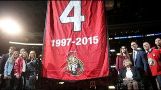 Chris Phillips #4 raised to the rafters