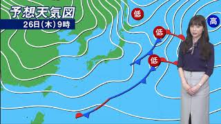 きょう26日(木)の天気　関東など太平洋側は日差しに期待　北日本は雨や雪に