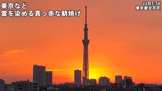 東京など雲を染める真っ赤な朝焼け