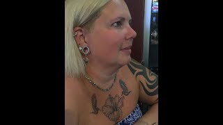 Blonde Woman Chest Tattoo