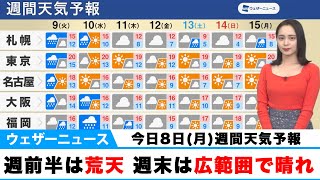 【今日8日(月)週間天気予報】 週前半は荒天 週末は広範囲で日差し届く