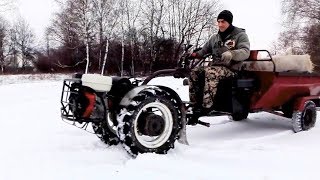 Зимой за сеном на мотоблоке с большими колесами