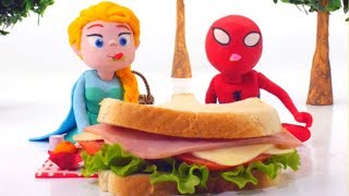 FROZEN ELSA & SPIDERMAN EAT GIANT SANDWICH  ❤ Superhero Babies Play Doh Cartoons For Kids