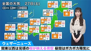 27日(土)の天気 関東以西は見頃の桜が映える青空
