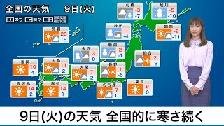 2月9日(火)の天気　全国的に寒さ続く　日本海側は積雪増加に警戒