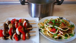 Легкий ужин БЕЗ МЯСА Шампиньоны на шпажках в духовке Спагетти или макароны с баклажанами в томате