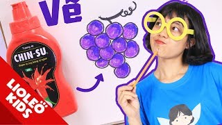 Chị Lio thử thách vẽ hoa quả bằng chai tương ớt - Bé học Tiếng Anh chủ đề Fruits + Colors