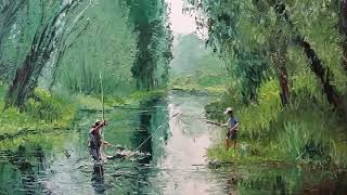 River Tree - How to - Oil Painting - Palette Knife | Brush People Fishing Water Dusan