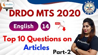 10:00 PM - DRDO MTS 2020 | English by Akanksha Ma'am | Top 10 Questions on Articles (Part-2)