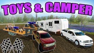 FARMING SIMULATOR 2017 | CAMPING OUT AT THE MOTOCROSS TRACK | WITH 2017 F-350 + 2016 DODGE 3500
